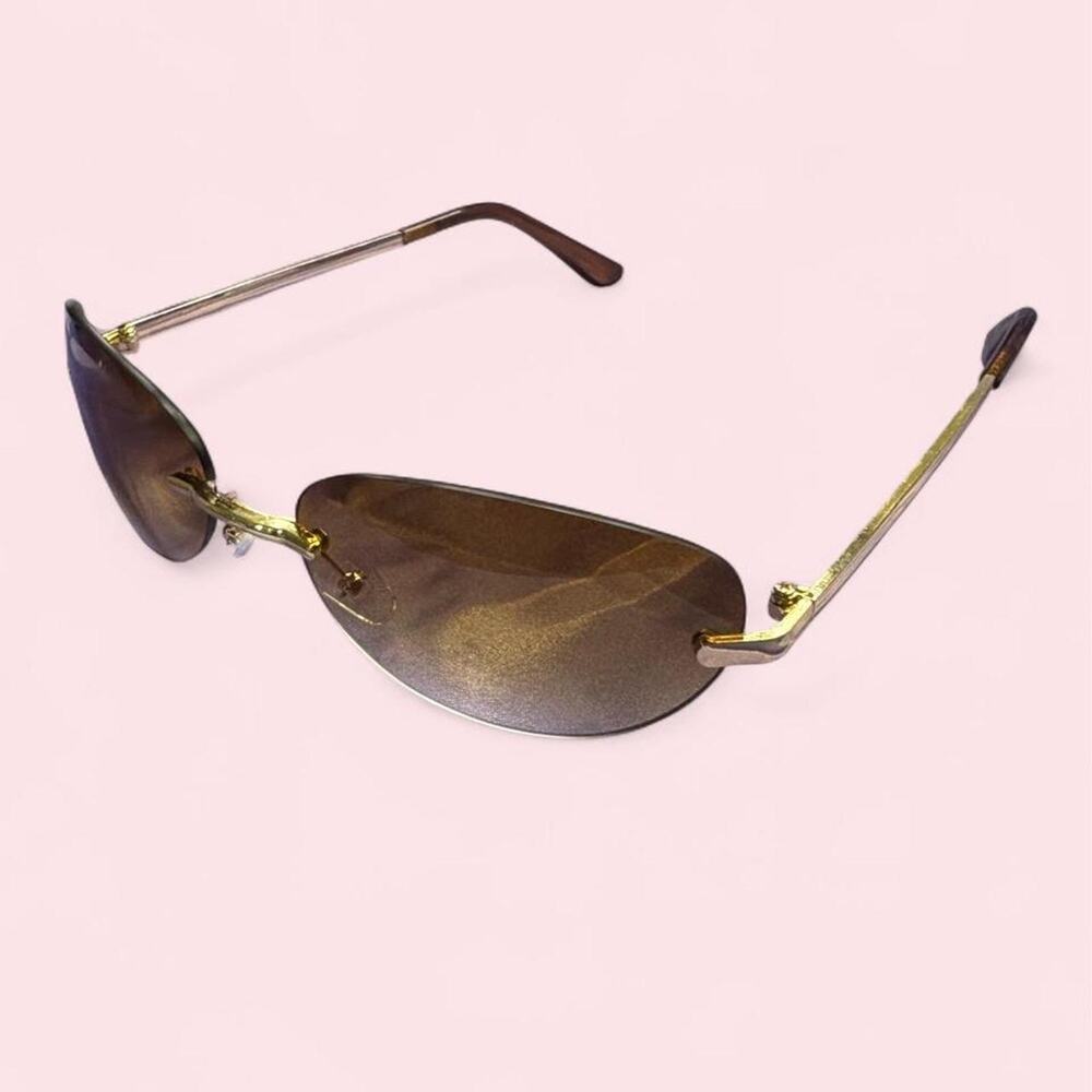 Brown rimless shield sunglasses with gold-tone hardware y2k futuristic cyber